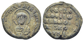 Byzantine Lead Seal, (21mm, 12.0 g) Facing bust of the Virgin Mary, orans. / Legends in five lines.