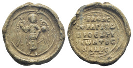 Av. Archangel Michael standing facing
Rv.: γραφὰς σφραγίζω- προεδρω- κων τους -ανρο(?)

I seal the letters οf proedros Constantine
(28mm, 17.6 g)....