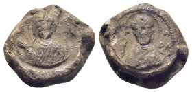 Byzantine Lead Seal, (15mm, 5.0 g) Virgin Mary standing facing, orans./ Nimbate bust of saint.