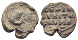 Αv.: Half-length portrayal of a military saint, with armor or lamellar visible on his right side. He holds a spear in his right hand and a shield in h...