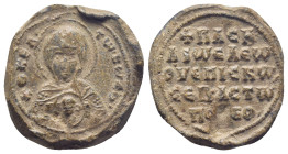 Rv.: Bust of the Virgin holding the medallion of Christ. Within a border of dots, a circular inscription: +ΟΚΕR- τωCωΔoυ
Κ(ύρι)ε βο(ήθει) τῷ σῷ δούλ(...