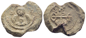 Byzantine Lead Seal, (24mm, 9.4 g) Nimbate facing bust of the Virgin Mary, orans, with small medallion of young Jesus Christ over her breast./ Crucifo...