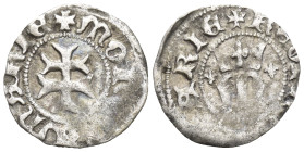 HUNGARY. Maria, 1385-1395 AD. AR Denar (13mm, 0.5 g). Crown, M / Double-barred cross.