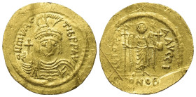 Mauricius Tiberius (582 - 602 n. Chr.).

 Solidus (Gold). Constantinopolis.
Vs: DN MAVRC TIb PP AVC. Büste frontal mit Helm, Panzer und Paludamentu...