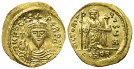 Phocas (602 - 610 n. Chr.).

 Solidus (Gold). Constantinopolis.
Vs: D N FOCAS - PERP AVG. Büste des Kaisers frontal, in der Rechten Kreuzglobus.
R...