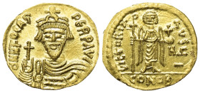 Phocas (602 - 610 n. Chr.).

 Solidus (Gold). Constantinopolis.
Vs: D N FOCAS - PERP AVG. Büste des Kaisers frontal, in der Rechten Kreuzglobus.
R...