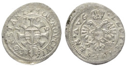 Konstanz - Stadt.

 Kreuzer. 1702.
Vs: Ovales Wappen auf Doppelkreuz, Titel Leopold I.
Rs: Gekrönter Doppeladler mit Stadtschild.

15 mm. 0,43 g...