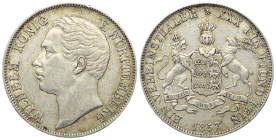 Württemberg. Königreich (1806 - 1918). Wilhelm (1816 - 1864).

 Vereinstaler (Silber). 1857. Stuttgart.
Vs: WILHELM KÖNIG V. WÜRTTEMBERG. Kopf link...