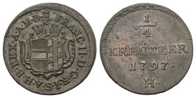 Habsburger bis 1806. Franz II. (I.) (1792 - 1835).

 1/4 Kreuzer (Kupfer). 1797 H. Günzburg.
Vs: Bekröntes Wappen.
Rs: Jahreszahl und Wertbezeichu...
