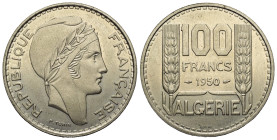 Algerien. Französisches Protektorat.

 100 Franks (Essai, Silber). 1950.
Vs: Kopf rechts.
Rs: Wertzahl.

30 mm

. 12,00 g. 

KM E3; Lecompte...