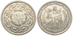 Tunesien. Französisches Protektorat. Muhammad al-Amin Bey.

 10 Francs (Silber). 1375 H. (1955). Tunis.
Vs: TUNISIE/ PROTECTORAT FRANÇAIS. Jahr.
R...