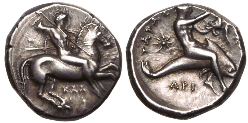 MAGNA GRAECIA. CALABRIA, TARENTUM. 
Silver Nomos, circa 333-330 BC. 
Kal- and ...