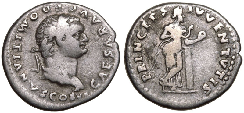ROMAN EMPIRE. Domitian (Caesar). 
Silver Denarius, AD 79. Rome. 
Obv: CAESAR A...