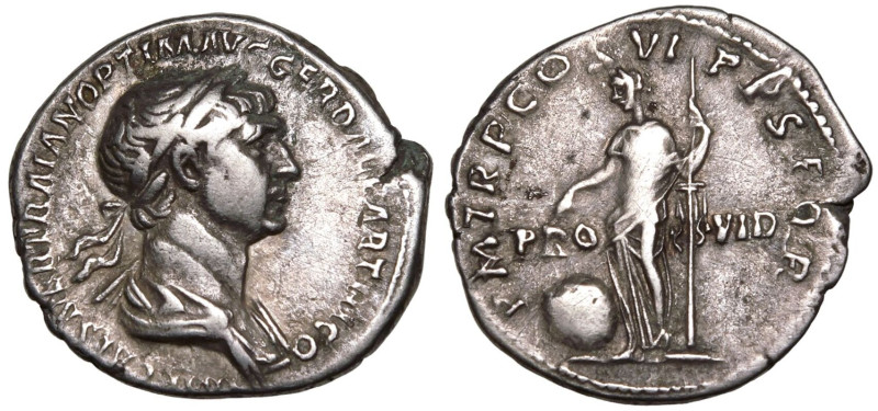ROMAN EMPIRE. Trajan. 
Silver Denarius, AD 116. Rome. 
Obv: IMP CAES NER TRAIA...