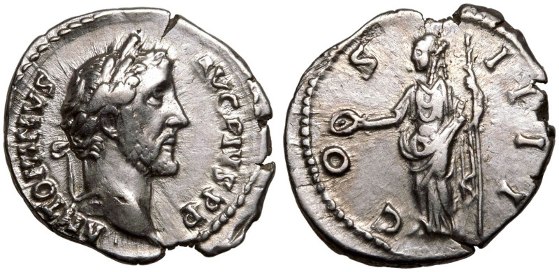 ROMAN EMPIRE. Antoninus Pius. 
Silver Denarius, AD 145-161. Rome. 
Obv: ANTONI...