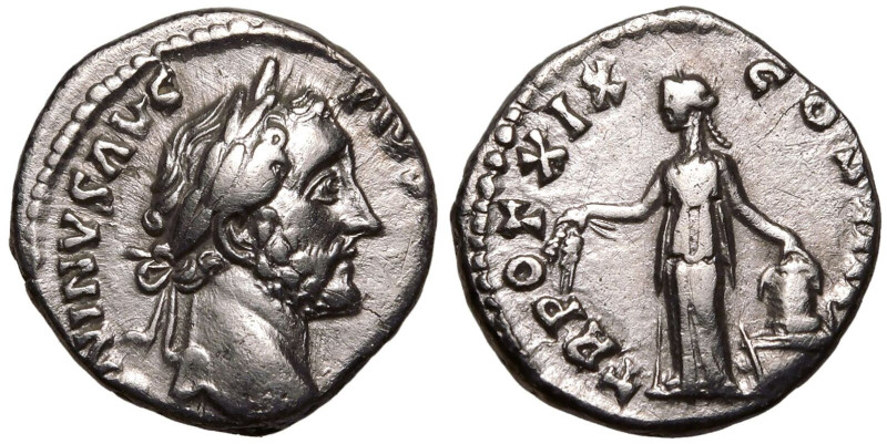 ROMAN EMPIRE. Antoninus Pius. 
Silver Denarius, AD 155-156. Rome. 
Obv: ANTONI...