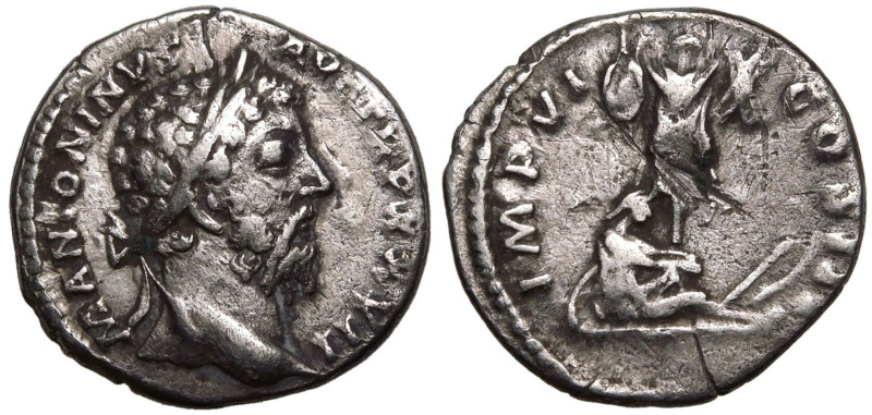 ROMAN EMPIRE. Marcus Aurelius. 
Silver Denarius, AD 172-173. Rome. 
Obv: M ANT...
