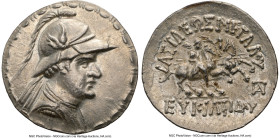BACTRIAN KINGDOM. Eucratides I the Great (ca. 170-145 BC). AR tetradrachm (32mm, 16.76 gm, 11h). NGC Choice AU 5/5 - 4/5. Draped and cuirassed bust of...