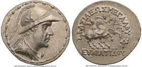 BACTRIAN KINGDOM. Eucratides I the Great (ca. 170-145 BC). AR tetradrachm (34mm, 16.91 gm, 12h). NGC Choice XF 5/5 - 4/5. Draped and cuirassed bust of...