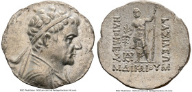 BACTRIAN KINGDOM. Heliocles (ca. 145-130 BC). AR tetradrachm (31mm, 16.90 gm, 12h). NGC Choice XF 4/5 - 3/5, overstruck. Attic standard. Bactra mint. ...