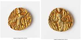 INDIA. Hunnic Tribes. Kidarites. Kirada (4th century AD). AV dinar (19mm, 7.66 gm, 12h). Choice VF. Gandhara, mint B. Kirada standing facing, nimbate ...