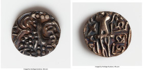 INDIA. Post-Kushan (Jammu and Kashmir). Kidarite Successors. Vigraha Deva. Ca. 5th Century AD. Debased AV dinar (21mm, 7.70 gm, 12h). VF. Abstract Kus...