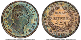 British India. William IV Proof Restrike 1/2 Rupee 1835.-(c) PR64 PCGS, Calcutta mint, KM449.2, S&W-1.59. Type C/III Raised "F". Caribbean Sea blue cu...