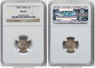 British India. Victoria 2 Annas 1881-C MS64 NGC, Calcutta mint, KM488, S&W-6.361. Type B Bust, Type II Reverse. Satin resplendence abounds this top-ti...