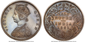 British India. Victoria Proof Restrike 1/2 Rupee 1862-(b) PR65 NGC, Bombay mint, KM472, S&W-4.125. Type C/III; 4.5 panels on jabot, slant-top 1 variet...