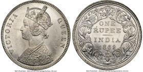 British India. Victoria Rupee 1862-(b) MS62 NGC, Bombay mint, KM473.1, S&W-4.80. Type H/2, 0/5. Extremely scarce 0/5 type featuring the bottom beads i...