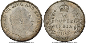British India. Edward VII 1/4 Rupee 1910-(c) MS64+ NGC, Calcutta mint, KM506, S&W-7.91. Dot on Vine. Displaying shimmering luster that becomes fully r...