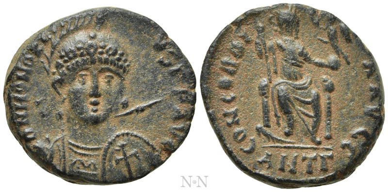 HONORIUS (393-423). Ae. Antioch. 

Obv: D N HONORIVS P F AVG. 
Helmeted and c...