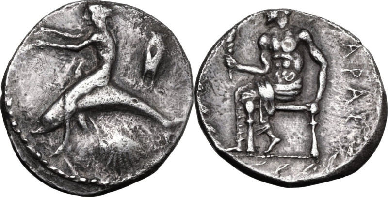 Greek Italy. Southern Apulia, Tarentum. AR Nomos, c. 450-440 BC. Obv. Taras astr...