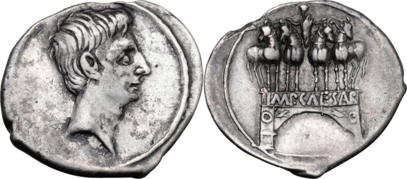 Augustus (27 BC - 14 AD). AR Denarius, 29-27 BC. Obv. Bare head right. Rev. IMP•...