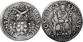 Ancona. Pio IV (1559-1565), Gian Angelo de' Medici. Testone, Mazzeo Mazzei zecchiere. CNI 16; M. -; Berm. 1072. AG. 9.28 g. 30 mm. qBB/BB.