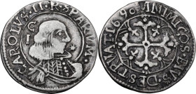 Cagliari. Carlo II di Spagna (1665-1700). Reale 1690. CNI 48/49; MIR (Piem. Sard. Lig. Cors.) 88/2. AG. 2.21 g. 20 mm. BB.