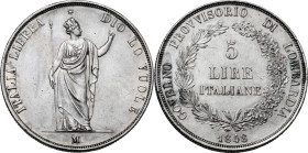 Milano. Governo Provvisorio (1848). 5 lire 1848. D/ 1848. CNI 3; Crippa 3/A; MIR (Milano) 527/1. AG. 24.97 g. 38 mm. Proveniente da montatura, tracce ...