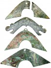 China
Chou-Dynastie 1122-255 v. Chr
Sammlung von 4 X "Ching", Klangplatten-, bzw. Brückengeld. schön-sehr schön, eines gebrochen