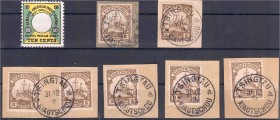 China
Briefmarken
7 X 3 Pfennig Kiautschou auf 6 Briefstücken mit dem Reservestempel (6 X mit kompletten Rundstempel-Abschägen: "Tsingtau Kiautschou...