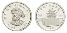 China
Volksrepublik, seit 1949
5 Jiao Marco Polo Silber 1983 Auflage nur 7000 Ex. In Kapsel.
Polierte Platte