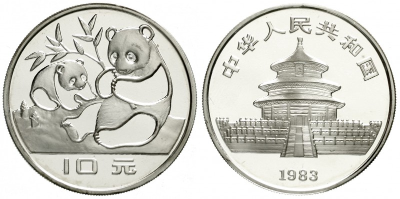 China
Volksrepublik, seit 1949
10 Yuan Panda 1983. Zwei Pandas/Tempel des Himm...
