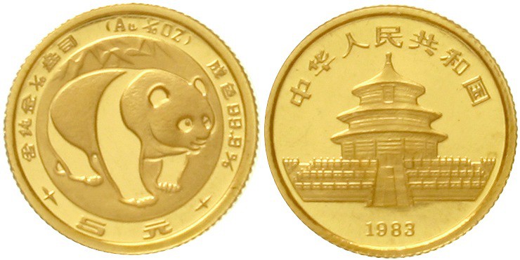 China
Volksrepublik, seit 1949
5 Yuan GOLD 1983 Panda. 1/20 Unze Feingold. Ver...