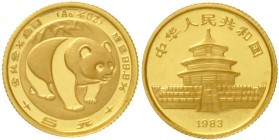 China
Volksrepublik, seit 1949
5 Yuan GOLD 1983 Panda. 1/20 Unze Feingold. Verschweißt.
Stempelglanz