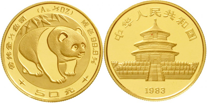 China
Volksrepublik, seit 1949
50 Yuan GOLD 1983. Panda. 1/2 Unze Feingold.
S...