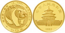 China
Volksrepublik, seit 1949
50 Yuan GOLD 1983. Panda. 1/2 Unze Feingold.
Stempelglanz, kl. roter Fleck