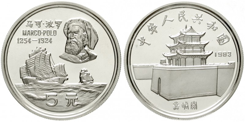 China
Volksrepublik, seit 1949
5 Yuan Silber 1983. Marco Polo, Segelschiff Epo...