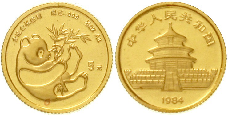 China
Volksrepublik, seit 1949
5 Yuan Panda GOLD 1984. Liegender Panda mit Bam...
