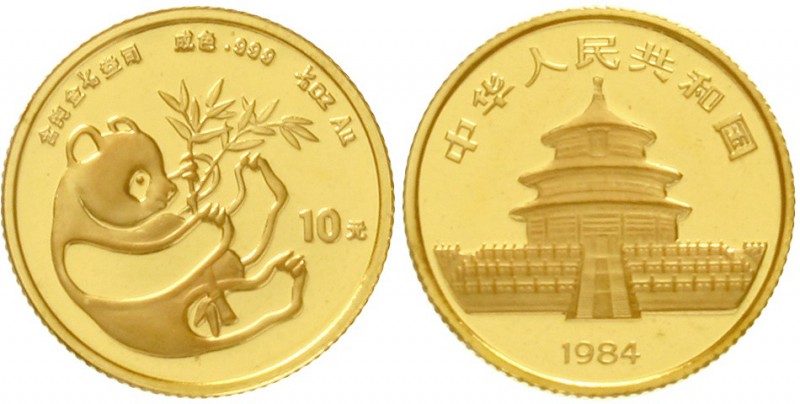 China
Volksrepublik, seit 1949
10 Yuan Panda GOLD 1984. Liegender Panda mit Ba...