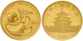 China
Volksrepublik, seit 1949
25 Yuan Panda GOLD 1984. Liegender Panda mit Bambuszweig. 1/4 Unze Feingold. Verschweißt.
Stempelglanz