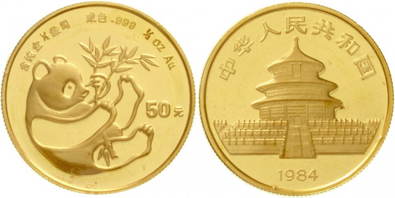 China
Volksrepublik, seit 1949
50 Yuan Panda GOLD 1984. Liegender Panda mit Ba...